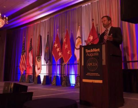 Deputy Program Executive Officer for Enterprise Information Systems, Brendan Burke, makes his keynote address at the AFCEA TechNet Augusta conference, August 22, 2019.  (U.S. Army photo by Tara Clements, PEO EIS Strategic Communication Directorate)