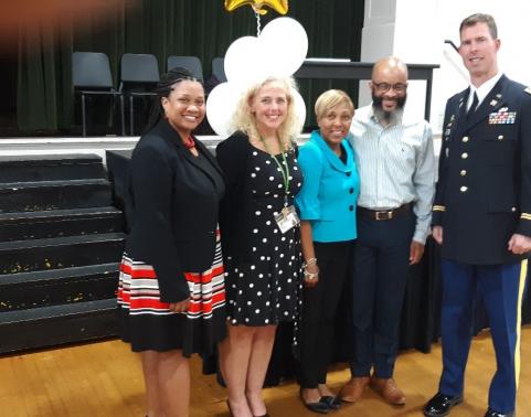 GCSS-Army team members and school administrators participate in a recognition and awards ceremony, June 10, 2019 in Prince George, Virginia. Pictured are (left to right), Danica Coleman- Millner, Amber Thompson, Tana Jones, Isaac McKay and Lt. Col. Preston Hayward. (Courtesy photo by Chaundra Taswell, N.B. Clements Junior High School)