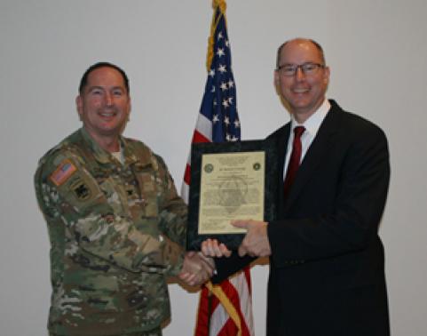 Mr. Richard Kendig assumes the Charter for the Product Director Aviation Logistics from COL Harry Culclasure, Project Manager, AESIP, in a ceremony held July 19 in Huntsville, Alabama.