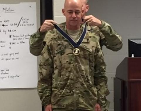 COL James F. (Darby) McNulty is awarded the MG Horatio Gates Honorary Medal at the Adjutant General School Warrant Officer Advanced Course at Fort Jackson, S.C. on May 17, 2016.