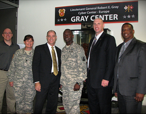 Mr. Daryle Sewell, PdM P2E Europe SETA Support and QBE Sr. Program Manager; LTC (P) Mollie Pearson, Product Manager, PdM P2E; Mr. Douglas Wiltsie, Program Executive Officer, Enterprise Information Systems (PEO EIS); COL Jimmy Hall, Jr., Commander, 5th Signal Command; Mr. Tom Dunaway, Director, PdM P2E Europe Directorate; and Mr. Albert Adams, WIPC IPT Lead and Deputy Project Support Officer, PdM P2E Europe.