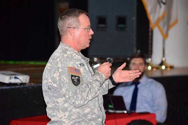 Soldier gestures while speaking.