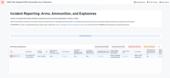 Army Vantage weapons accountability dashboard screenshot